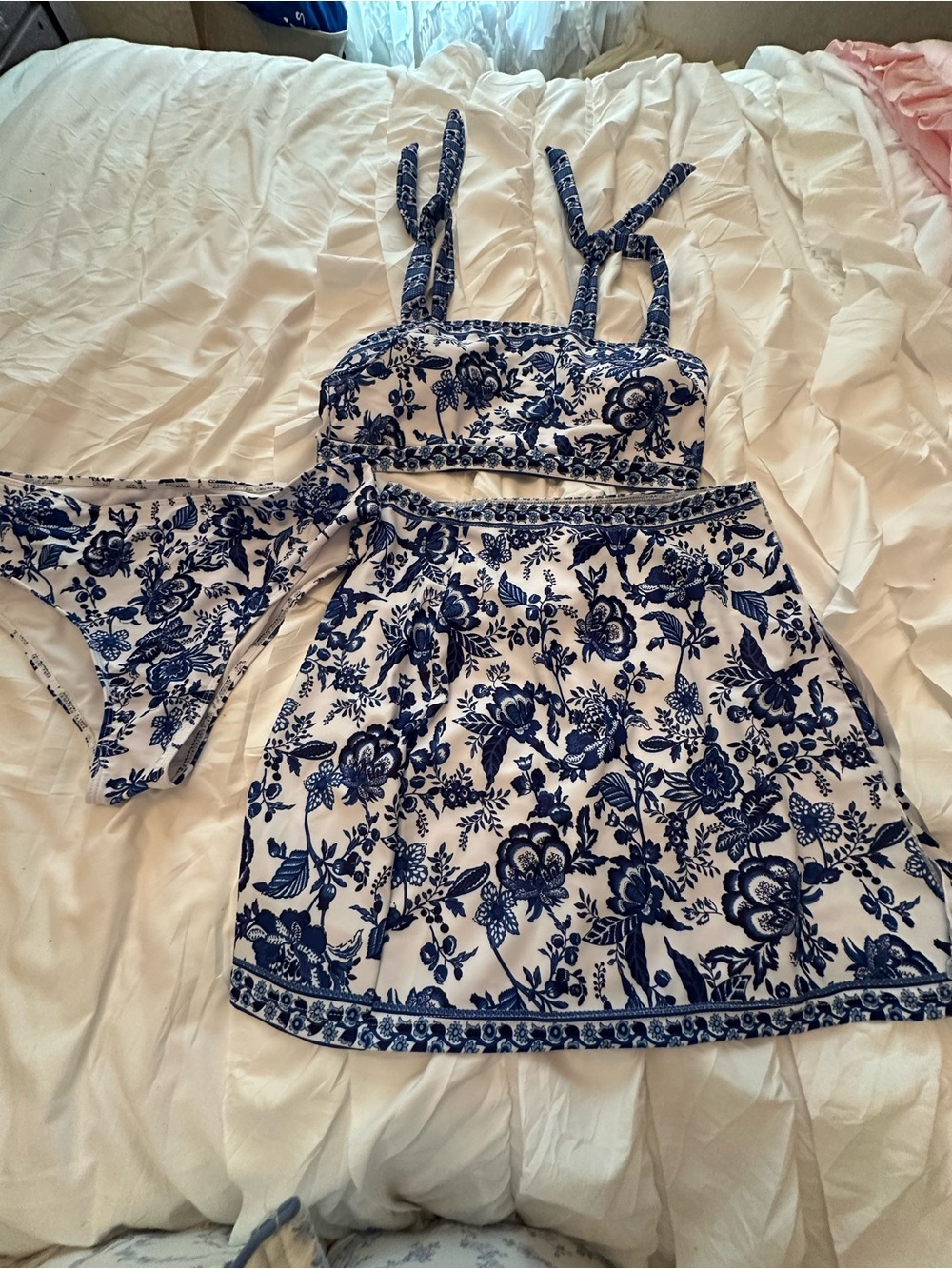 SHEIN White and Blue Floral 3-Piece Swim Set - Bikini Top, Skirt, Bottoms